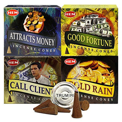 Hem Incense Cones Variety Pack #1 and Cone Incense Burner Bundle with 4 Money Luck and Business Themed Fragrances - color: Popular 4a