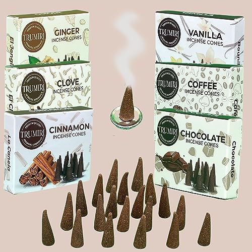 TRUMIRI Gourmet Incense Cones - Variety Pack - Total 60 Cone Incense (6 Scents x 10 Conos) - Vanilla, Cinnamon, Coffee, Chocolate, Clove, Ginger - Cone Incense Scents - Insense Cones - Incent Cone - color: Gourmet