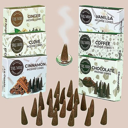 TRUMIRI Gourmet Incense Cones - Variety Pack - Total 60 Cone Incense (6 Scents x 10 Conos) - Vanilla, Cinnamon, Coffee, Chocolate, Clove, Ginger - Cone Incense Scents - Insense Cones - Incent Cone - color: Gourmet