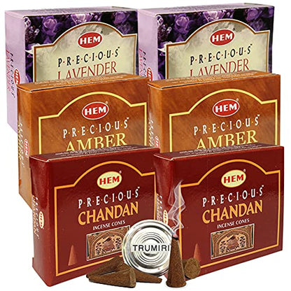 Lavender Amber Chandan Incense Cones & Holder Bundle Variety Pack from Hem Trumiri Insense Insence - color: Lavender & Amber & Chandan