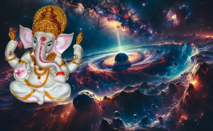 The Blessing. A White & Gold Statue of Lord Ganesh Ganpati Elephant Hindu God Made from Marble Powder