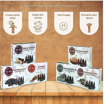 Trumiri Woody Incense Cones - Variety Pack - Total 60 Cone Incense (6 Scents x 10 Conos) - White Sage, Palo Santo, Dragons Blood, Sandalwood - Inscents-Cones Scented - Insense Cones - Incent Cone - color: Woody