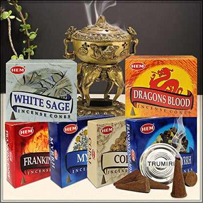 Hem Incense Cones Variety Pack #4 and Inscents-Cones Burner Holder with 6 Most Popular Fragrances - Dragons Blood, Frankincense, Myrrh - Total 60 Scented Cone Incense (6 Scents x 10 Conos) - color: Popular 6b