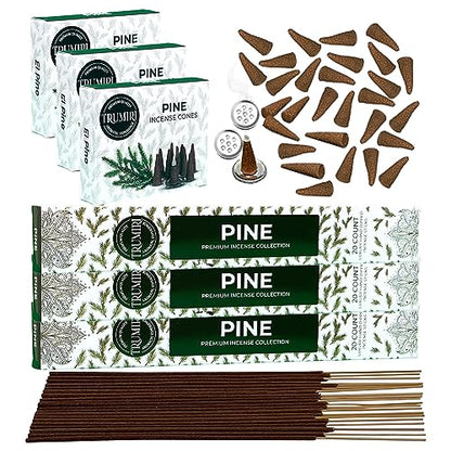 Pine Incense Sticks & Incense Cones Combo Pack - 60 Insence-Sticks + 30 Insence Cones - Inscense - Incense Cones Scented - Insents - color: Pine