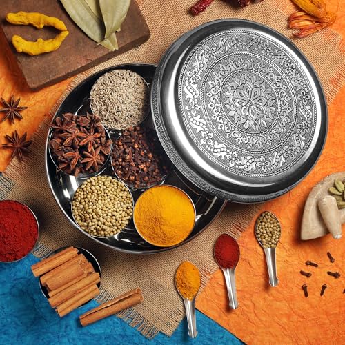 KSJONE Designer Spice Container Masala Dabba, 7 Spice Jars, Holds 7 Spices, Spice Container Box, Polished Stainless Steel with 7 Serving Spoons, Indian Masala Dabba with Lid, 8 Inch