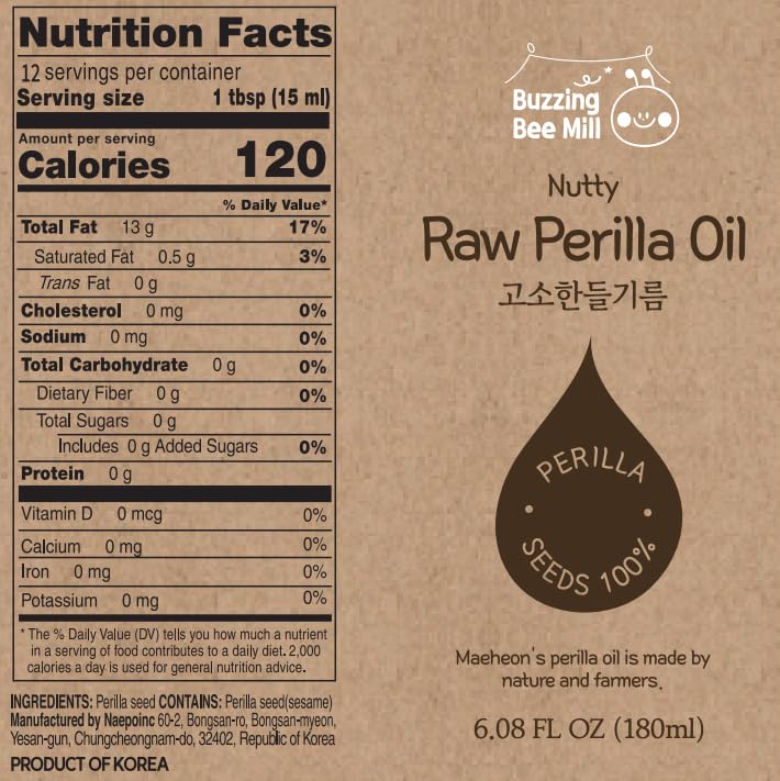 Korean Food Nutty Perilla Oil, Korean Perilla Seeds, Roasted Flavor, 180 ml