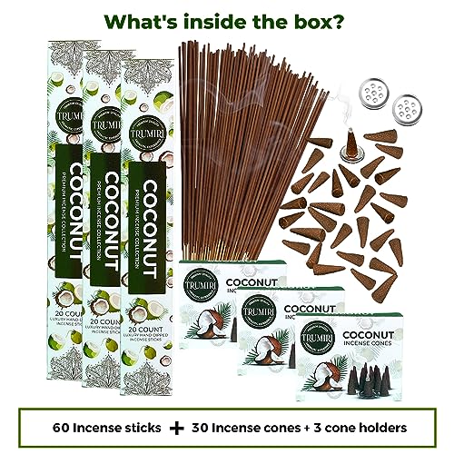 Coconut Incense Sticks & Incense Cones Combo Pack - 60 Insence-Sticks + 30 Insence Cones - Inscense - Incense Cones Scented - Insents - color: Coconut
