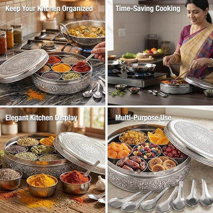 KSJONE Designer Spice Container Masala Dabba, 7 Spice Jars, Holds 7 Spices, Spice Container Box, Polished Stainless Steel with 7 Serving Spoons, Indian Masala Dabba with Lid, 8 Inch