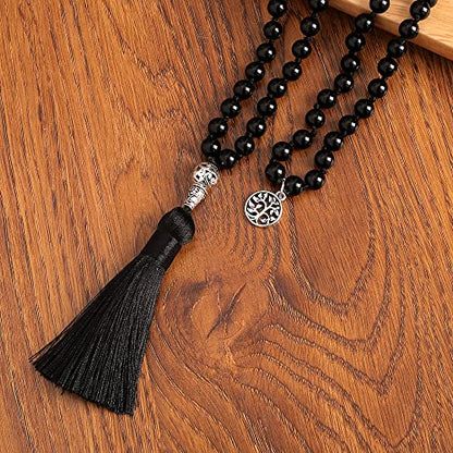 108 Mala Prayer Beads Necklace Natural Stones Meditation Yoga Jewery 108 Hand Knotted Japa Mala Beaded Long Tassel Necklace with Tree of Life Pendant for Men and Women - color: 8mm Black Onyx