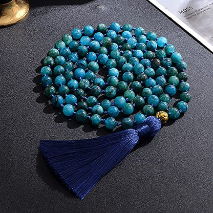 108 Mala Prayer Beads Necklace Natural Stones Meditation Yoga Jewery 108 Hand Knotted Japa Mala Beaded Long Tassel Necklace with Tree of Life Pendant for Men and Women - color: 8mm apatite