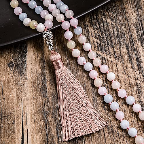 108 Mala Prayer Beads Necklace Natural Stones Meditation Yoga Jewery 108 Hand Knotted Japa Mala Beaded Long Tassel Necklace with Tree of Life Pendant for Men and Women - color: 8mm morganite