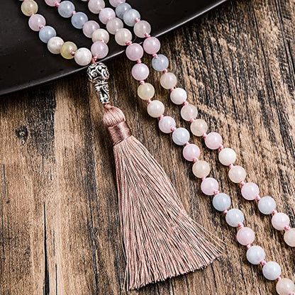108 Mala Prayer Beads Necklace Natural Stones Meditation Yoga Jewery 108 Hand Knotted Japa Mala Beaded Long Tassel Necklace with Tree of Life Pendant for Men and Women - color: 8mm morganite