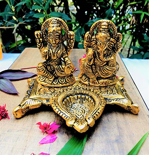 Wonder Care Ganesha Lakshmi Statue Sculpted in Great Detail in Ivory Antique Finish Metal Diya for Diwali Pooja Oil Lamp- Ganesh Idol for Car | Home Decor | Mandir | Gift | Hindu God Idol