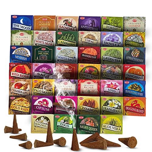 Hem Incense Cones Variety Pack of 12 Randomly Selected Fragrances and Incense Cone Holder Bundle Total 120 Cones - color: Random 12