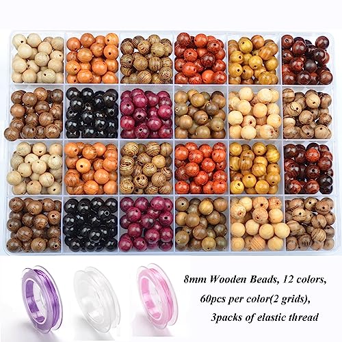 8mm Natural Mixed Wooden Round Loose Beads Jewelry Making KIT with Thread and Needles 720 PCS(12 Wooden, 8mm) - color: 12-Wooden, size: 8mm