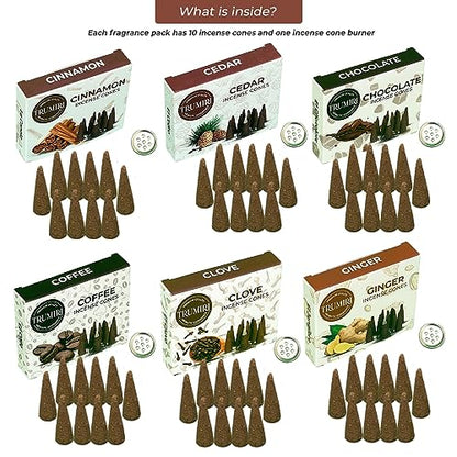 TRUMIRI Gourmet Incense Cones - Variety Pack - Total 60 Cone Incense (6 Scents x 10 Conos) - Vanilla, Cinnamon, Coffee, Chocolate, Clove, Ginger - Cone Incense Scents - Insense Cones - Incent Cone - color: Gourmet