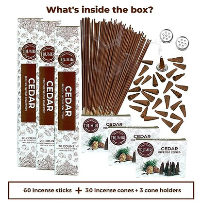 Cedar Incense Sticks & Incense Cones Combo Pack - 60 Insence-Sticks + 30 Insence Cones - Inscense - Incense Cones Scented - Insents - color: Cedar