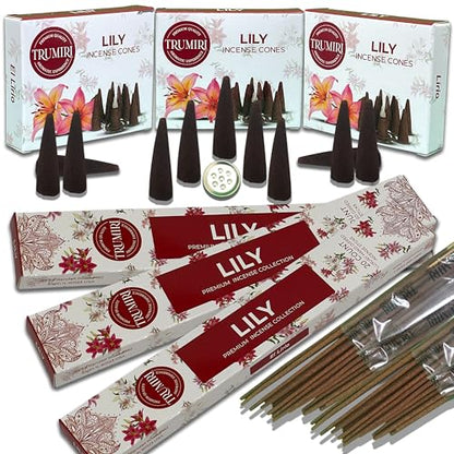 Lily Incense Sticks & Incense Cones Combo Pack - 60 Insence-Sticks + 30 Insence Cones - Inscense - Incense Cones Scented - Insents - color: Lily