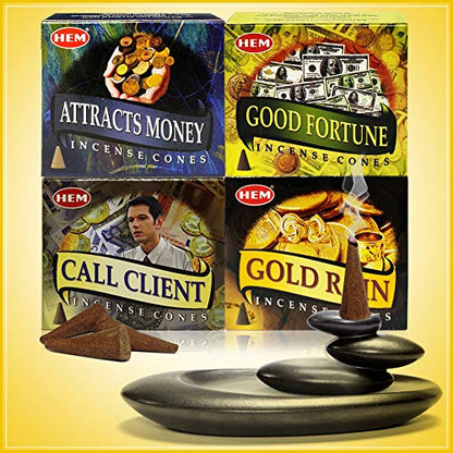Hem Incense Cones Variety Pack #1 and Cone Incense Burner Bundle with 4 Money Luck and Business Themed Fragrances - color: Popular 4a