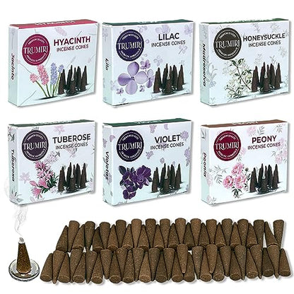 TRUMIRI Blossom Incense Cones - Variety Pack - Total 60 Cone Incense (6 Scents x 10 Conos) - Peony, Lilac, Violet, Honeysuckle, Hyacinth, Tuberose - Cone Incense Scents - Insense Cones - Incent Cone - color: Blossom