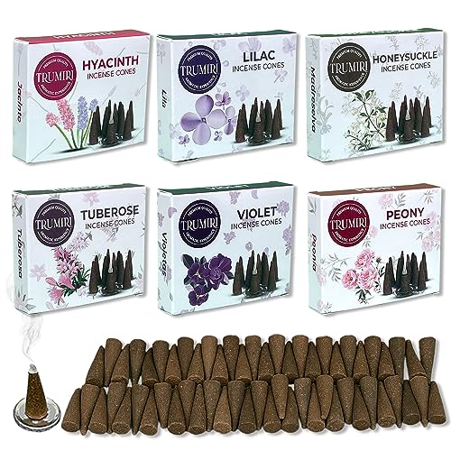 TRUMIRI Blossom Incense Cones - Variety Pack - Total 60 Cone Incense (6 Scents x 10 Conos) - Peony, Lilac, Violet, Honeysuckle, Hyacinth, Tuberose - Cone Incense Scents - Insense Cones - Incent Cone - color: Blossom