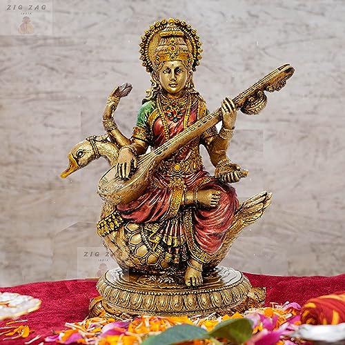 zig zag Maa Saraswati Devi Idol Statue Goddess of Knowledge, Music MATA Saraswati Figurine for School, Office, Home (Multicolor, 8 Inches)