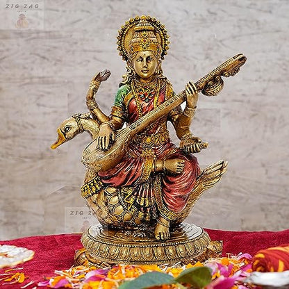 zig zag Maa Saraswati Devi Idol Statue Goddess of Knowledge, Music MATA Saraswati Figurine for School, Office, Home (Multicolor, 8 Inches)