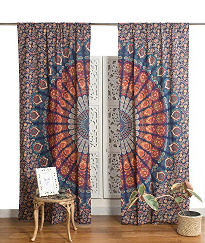 Popular Handicrafts Indian Hippie Bohemian Beautiful Peacock Mandala Curtain Panels Blue Multi - color: Blue Multicolor, size: 38"W x 83"L (Pack of 2)