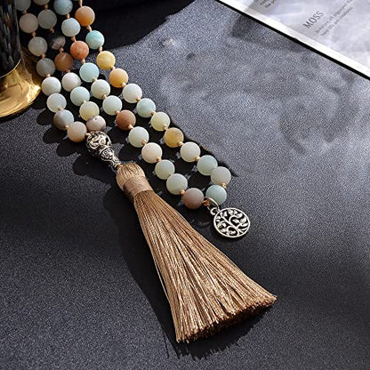 108 Mala Prayer Beads Necklace Natural Stones Meditation Yoga Jewery 108 Hand Knotted Japa Mala Beaded Long Tassel Necklace with Tree of Life Pendant for Men and Women - color: 8mm Amazonite