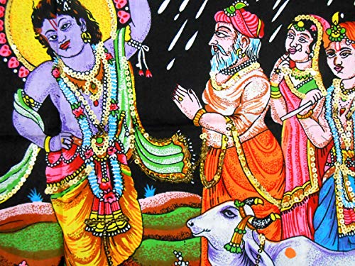 Krishna lifting Goverdhan Batik Cotton Wall Hanging Painting : Size 43"x30" Inches - color: Goverdhan