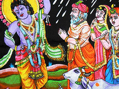 Krishna lifting Goverdhan Batik Cotton Wall Hanging Painting : Size 43"x30" Inches - color: Goverdhan