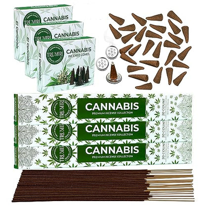 Cannabis Scented Incense Sticks & Incense Cones Combo Pack - 60 Insence-Sticks + 30 Insence Cones - Inscense - Incense Cones Scented - Insents - color: Cannabis