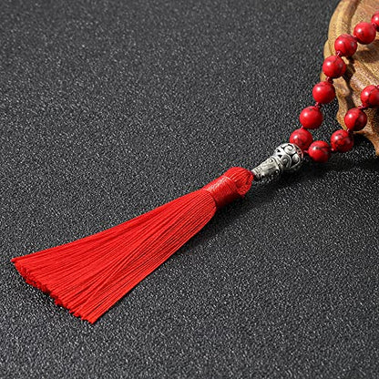 108 Mala Prayer Beads Necklace Natural Stones Meditation Yoga Jewery 108 Hand Knotted Japa Mala Beaded Long Tassel Necklace with Tree of Life Pendant for Men and Women - color: 8mm red turquoise