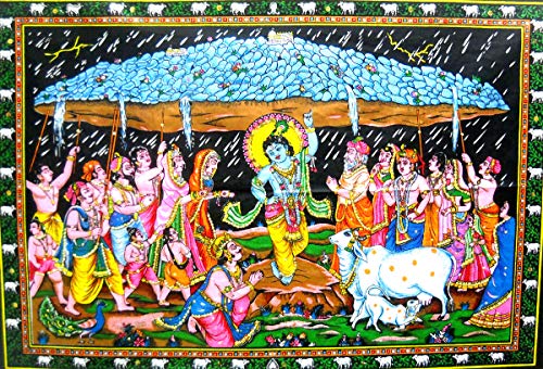 Krishna lifting Goverdhan Batik Cotton Wall Hanging Painting : Size 43"x30" Inches - color: Goverdhan