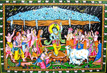 Krishna lifting Goverdhan Batik Cotton Wall Hanging Painting : Size 43"x30" Inches - color: Goverdhan