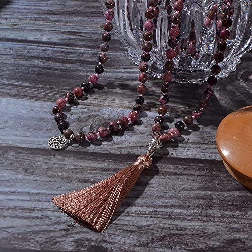 108 Mala Prayer Beads Necklace Natural Stones Meditation Yoga Jewery 108 Hand Knotted Japa Mala Beaded Long Tassel Necklace with Tree of Life Pendant for Men and Women - color: 8mm Rhodolite