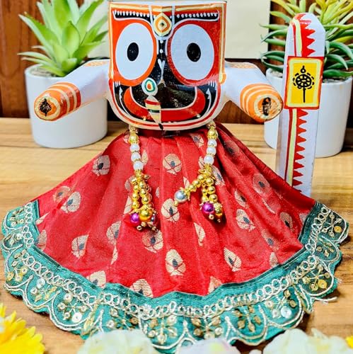 Jagannath Ji Deity Dress Set – 5 Inch Red & Green poshak with zari lace for Lord Jagannath, Lord Balarama & Goddess Subhadra (Red and Green) - color: Red and Green
