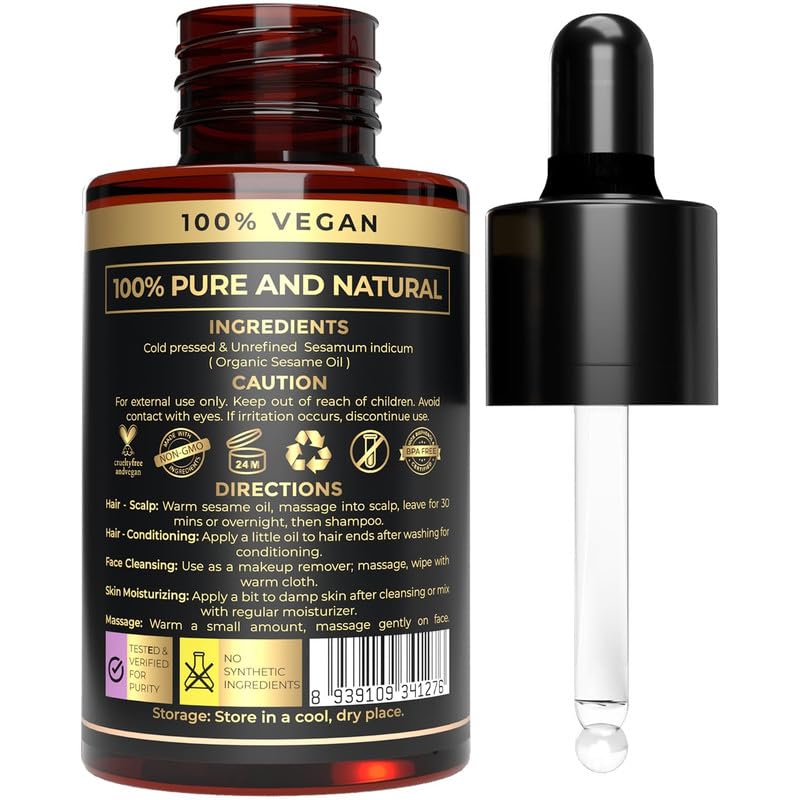 Premium Organic Sesame Oil - Cold Pressed, for Skin & Hair - Nutrient-Rich Sesame Seeds - Natural & Pure - Non-GMO, Vegan, Cruelty-Free, Hexane-Free - 1 fl oz