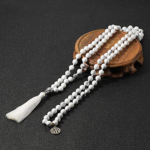 108 Mala Prayer Beads Necklace Natural Stones Meditation Yoga Jewery 108 Hand Knotted Japa Mala Beaded Long Tassel Necklace with Tree of Life Pendant for Men and Women - color: 8mm Howlite