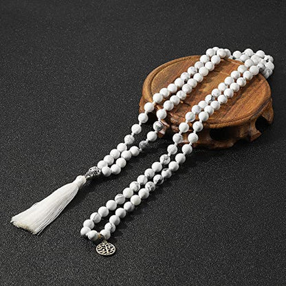 108 Mala Prayer Beads Necklace Natural Stones Meditation Yoga Jewery 108 Hand Knotted Japa Mala Beaded Long Tassel Necklace with Tree of Life Pendant for Men and Women - color: 8mm Howlite