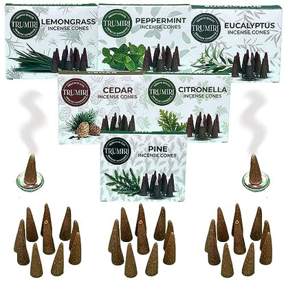 TRUMIRI Leafy Incense Cones - Variety Pack - Total 60 Cone Incense (6 Scents x 10 Conos) - Citronella Lemongrass Eucalyptus Peppermint Cedar Pine - Cone Incense Scents - Insense Cones - Incent Cone - color: Leafy