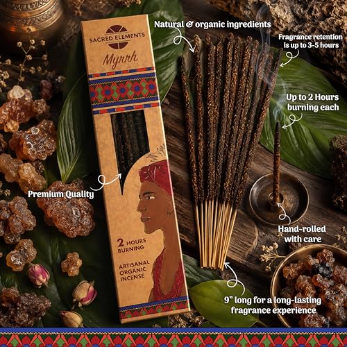 Sacred Elements Myrrh Incense Sticks–10 Pack, 9” Long Burning (Up to 2 Hours Each) | Hand-Rolled Organic Incense Stick for Meditation, Yoga, Relaxation & Home Fragrance | Low Smoke, Long-Lasting Aroma - size: 10 Sticks