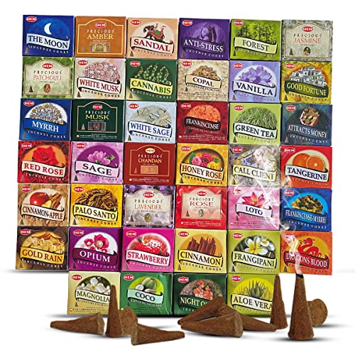 Hem Incense Cones Variety Pack of 12 Randomly Selected Fragrances and Incense Cone Holder Bundle Total 120 Cones - color: Random 12