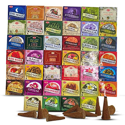 Hem Incense Cones Variety Pack of 12 Randomly Selected Fragrances and Incense Cone Holder Bundle Total 120 Cones - color: Random 12