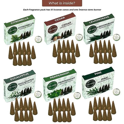 TRUMIRI Leafy Incense Cones - Variety Pack - Total 60 Cone Incense (6 Scents x 10 Conos) - Citronella Lemongrass Eucalyptus Peppermint Cedar Pine - Cone Incense Scents - Insense Cones - Incent Cone - color: Leafy