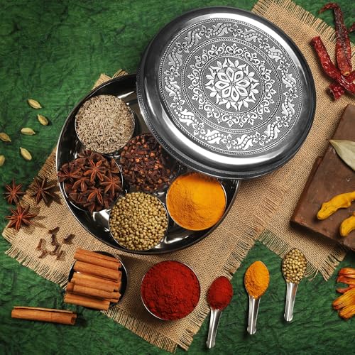 KSJONE Designer Spice Container Masala Dabba, 7 Spice Jars, Holds 7 Spices, Spice Container Box, Polished Stainless Steel with 7 Serving Spoons, Indian Masala Dabba with Lid, 8 Inch