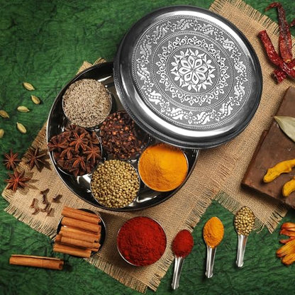 KSJONE Designer Spice Container Masala Dabba, 7 Spice Jars, Holds 7 Spices, Spice Container Box, Polished Stainless Steel with 7 Serving Spoons, Indian Masala Dabba with Lid, 8 Inch