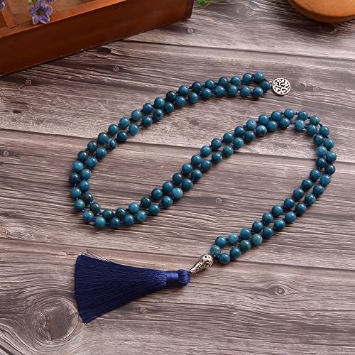 108 Mala Prayer Beads Necklace Natural Stones Meditation Yoga Jewery 108 Hand Knotted Japa Mala Beaded Long Tassel Necklace with Tree of Life Pendant for Men and Women - color: Blue Apatite
