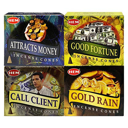 Hem Incense Cones Variety Pack #1 and Cone Incense Burner Bundle with 4 Money Luck and Business Themed Fragrances - color: Popular 4a