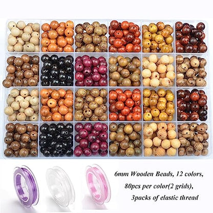 6mm Natural Mixed Wooden Round Loose Beads Jewelry Making KIT with Thread and Needles 960 PCS(12 Wooden, 6mm) - color: 12-Wooden, size: 6mm